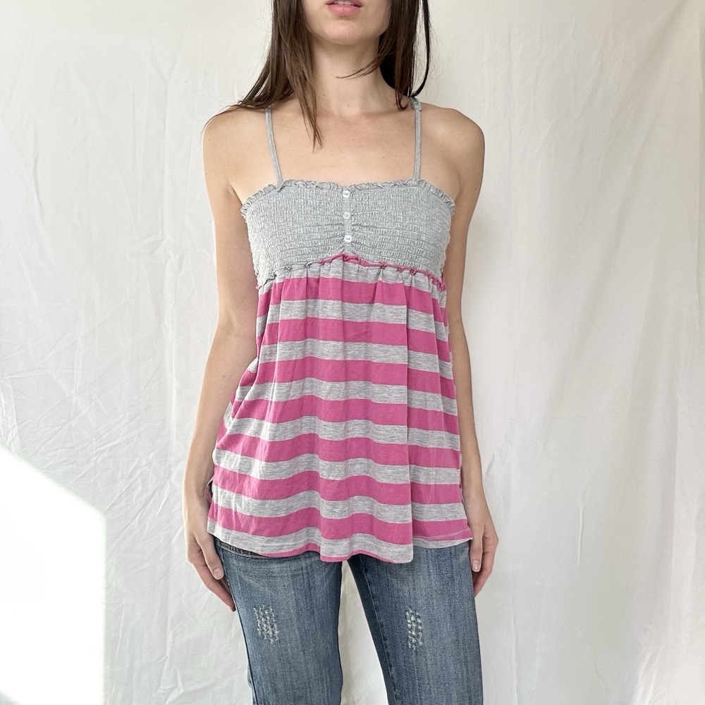 2000s Striped Babydoll Top Pink Gray Indie Playground Prep Y2K